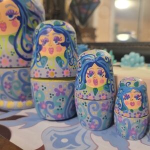 Hand-Painted Blue and Purple Nesting Dolls